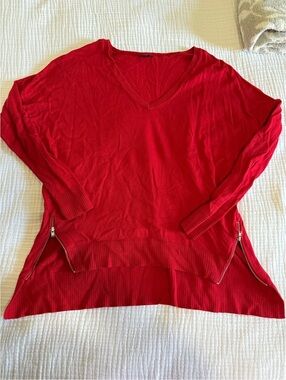 Express Red V-Neck Long Sleeve Sweater with Side Zippers